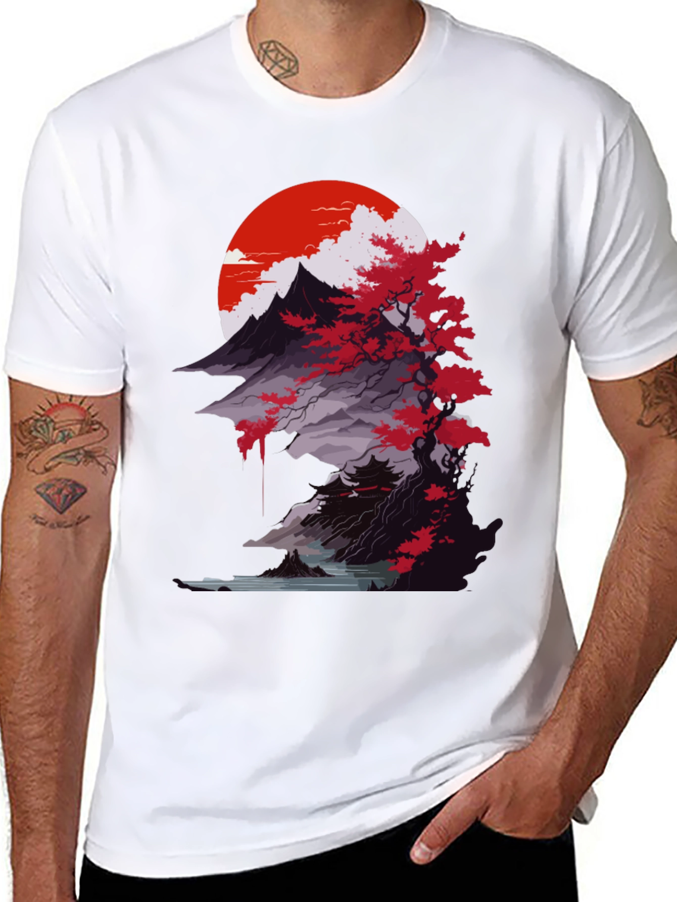 Japanese Mountain Sunset Black T-Shirt