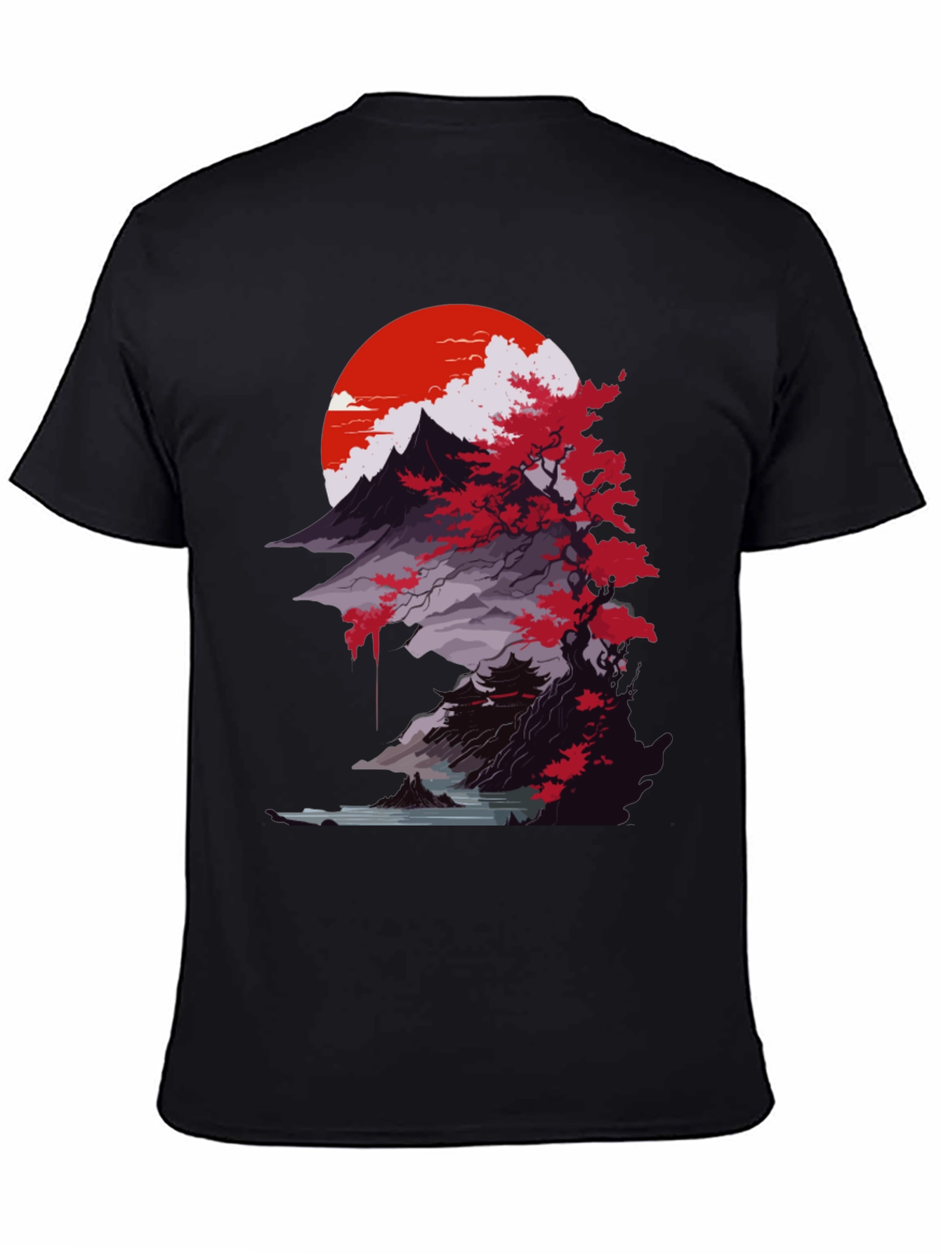 Japanese Mountain Sunset Black T-Shirt