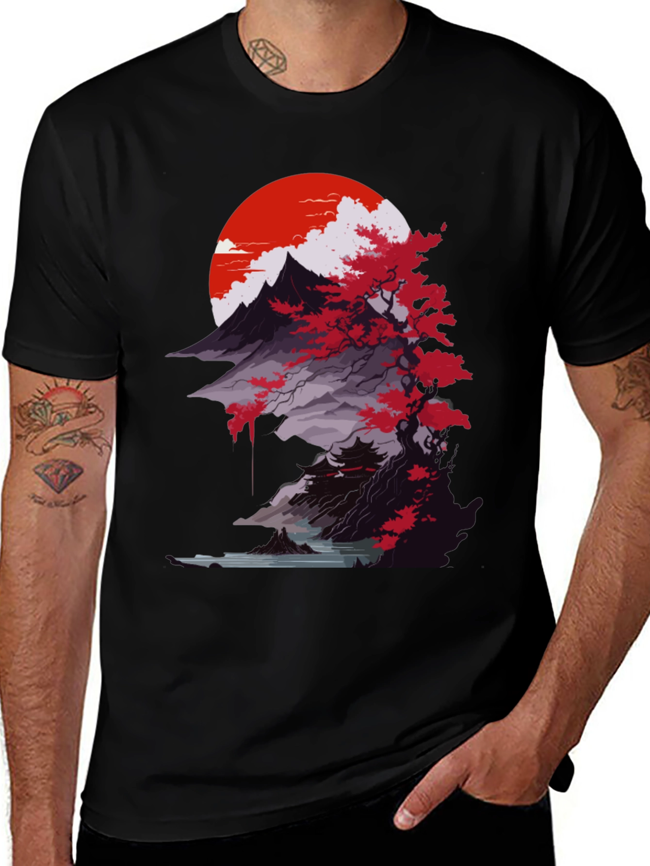 Japanese Mountain Sunset Black T-Shirt