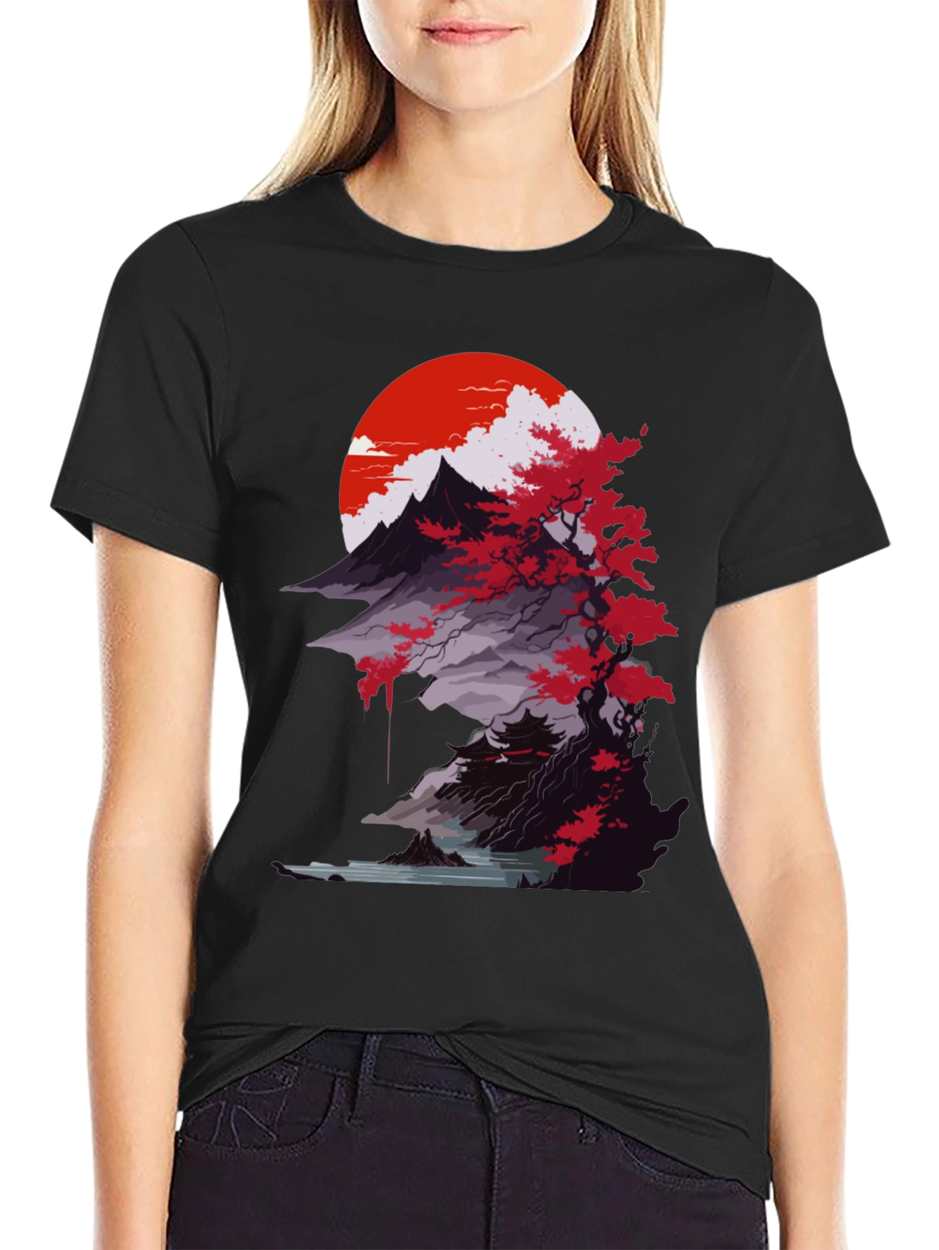 Japanese Mountain Sunset Black T-Shirt