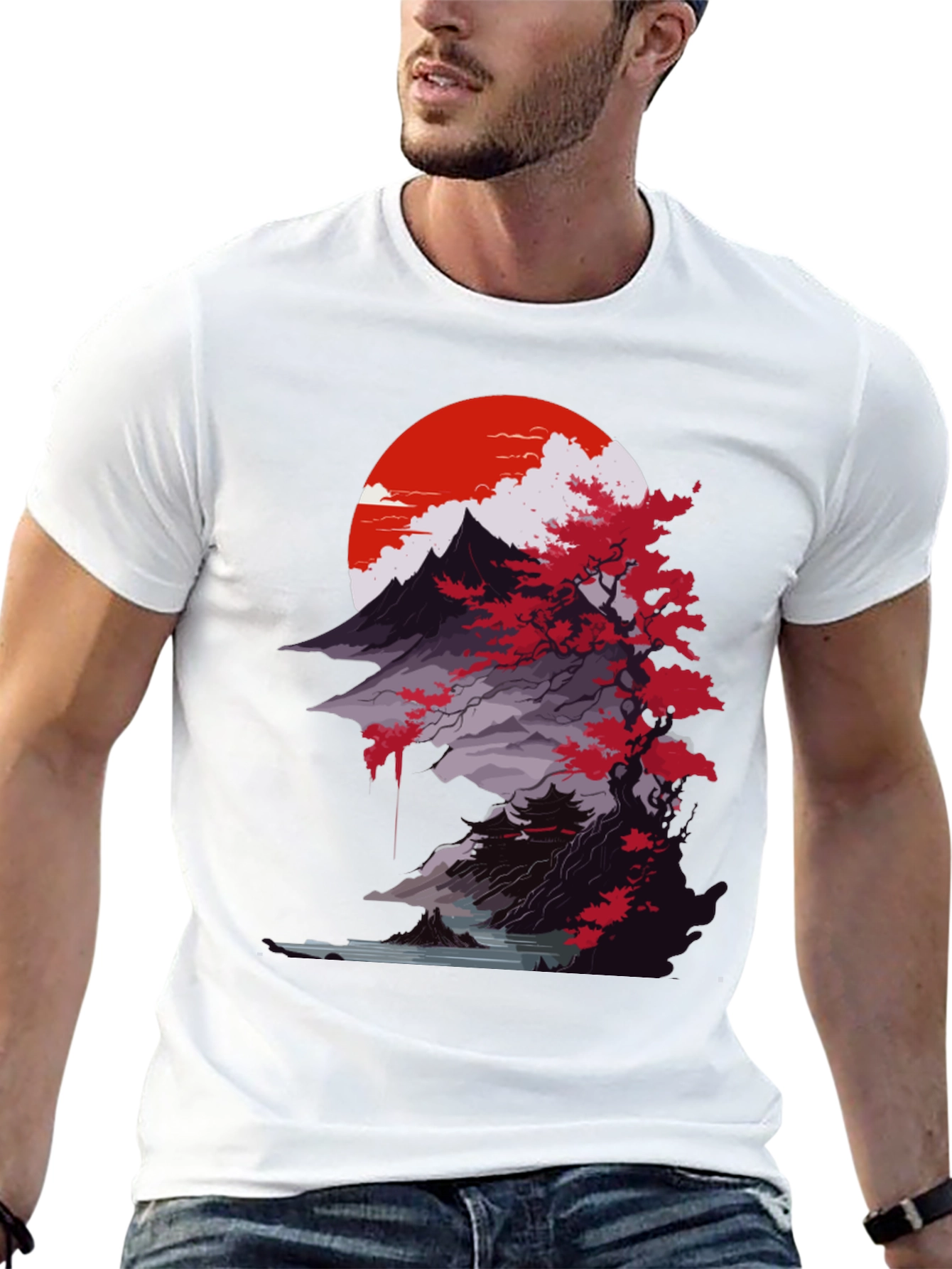 Japanese Mountain Sunset Black T-Shirt