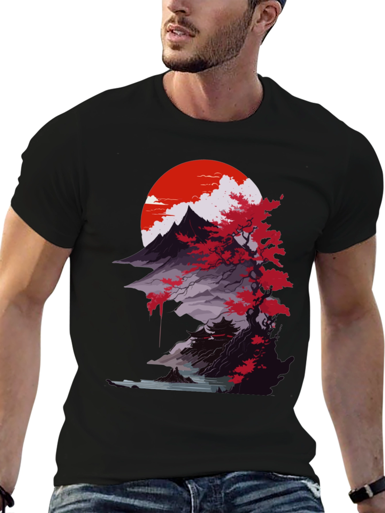 Japanese Mountain Sunset Black T-Shirt