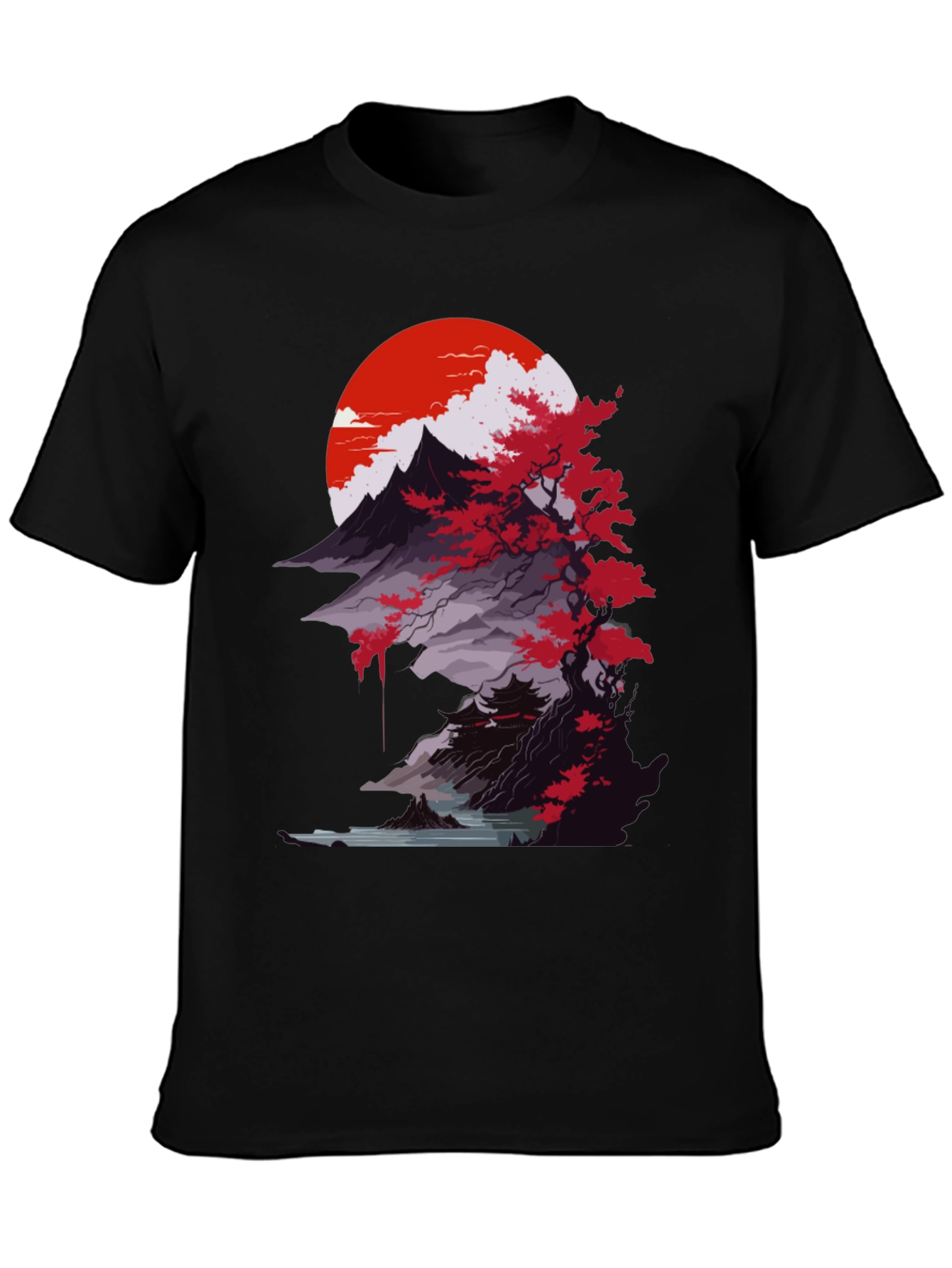 Japanese Mountain Sunset Black T-Shirt