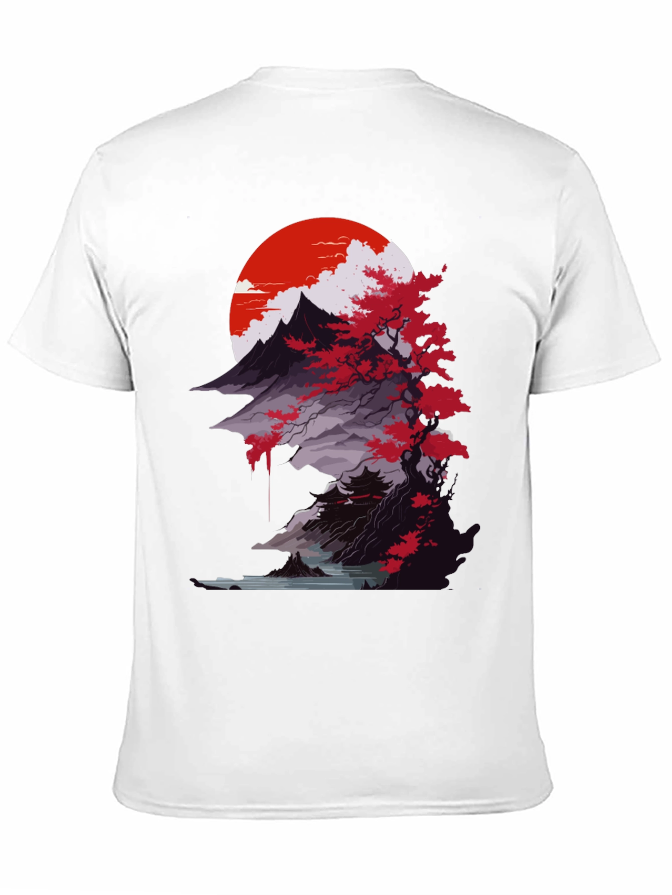 Japanese Mountain Sunset Black T-Shirt