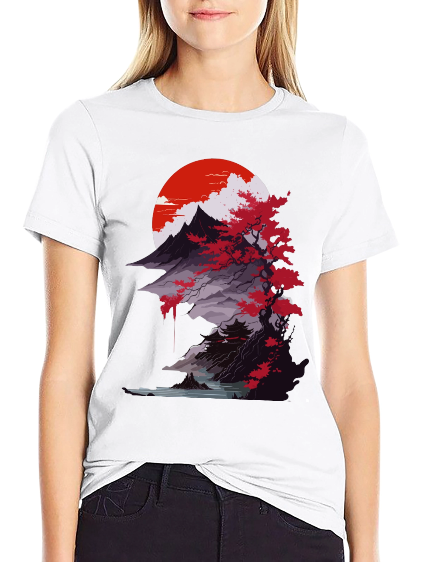 Japanese Mountain Sunset Black T-Shirt