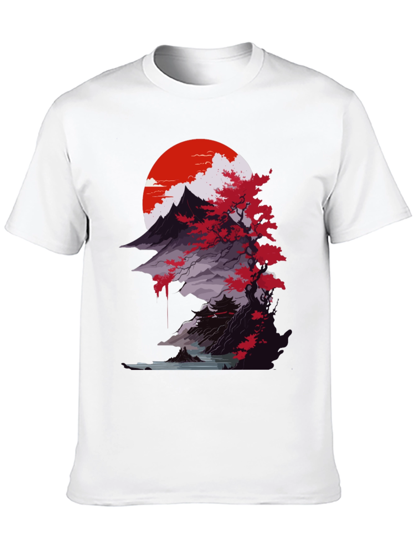 Japanese Mountain Sunset Black T-Shirt