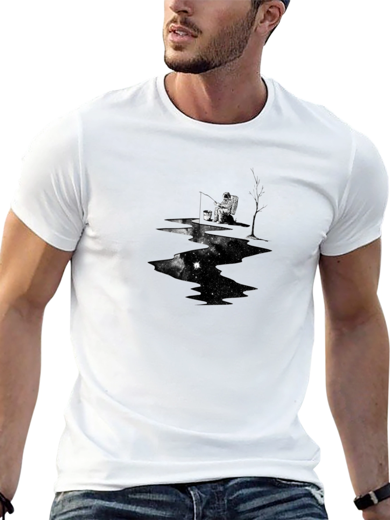 Astronaut Fishing Black T-Shirt
