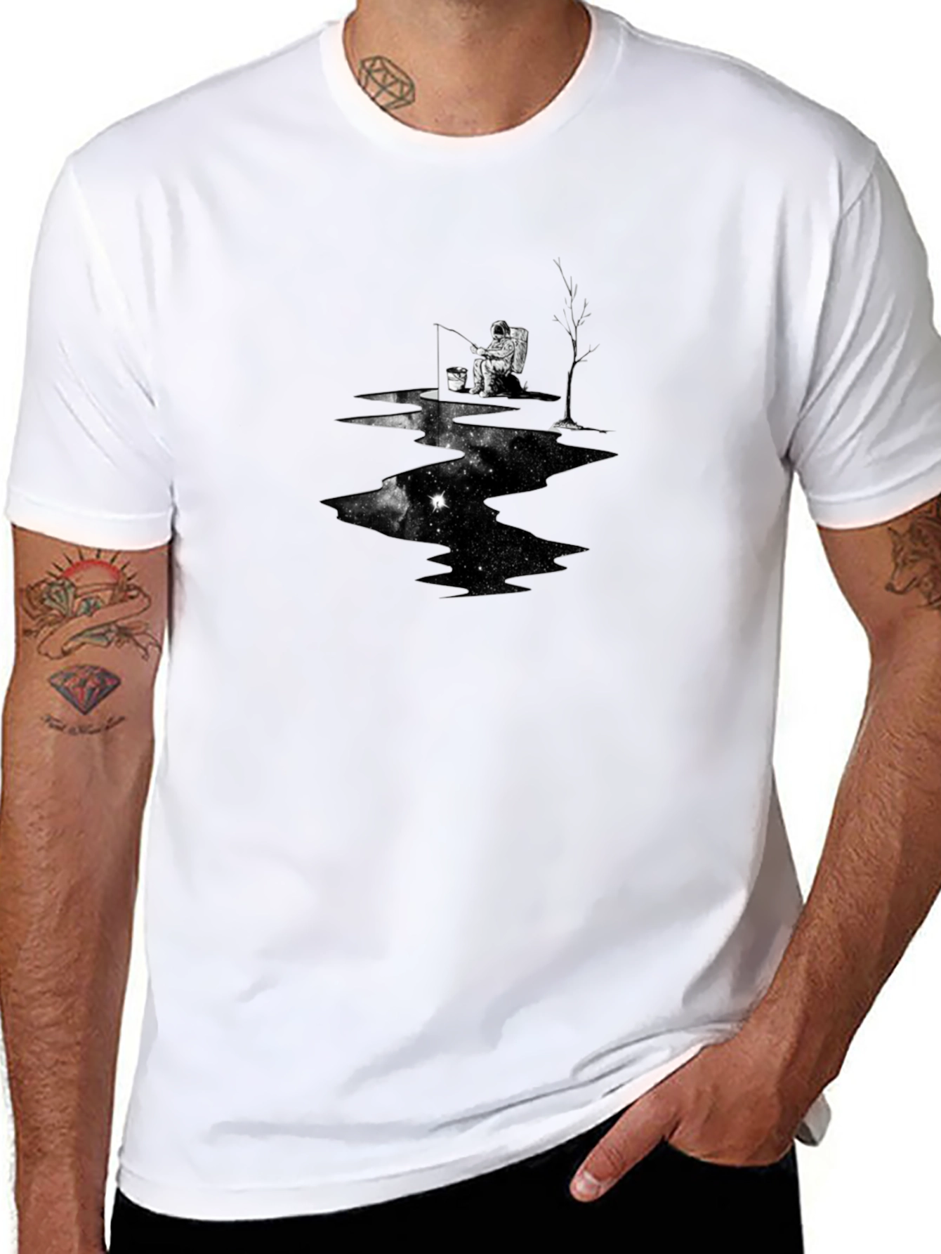 Astronaut Fishing Black T-Shirt