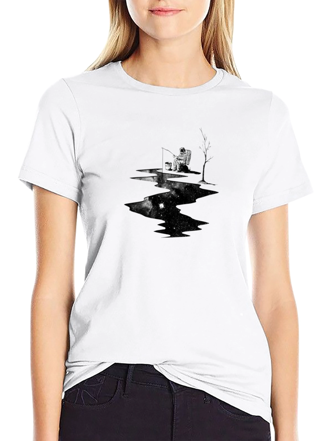 Astronaut Fishing Black T-Shirt