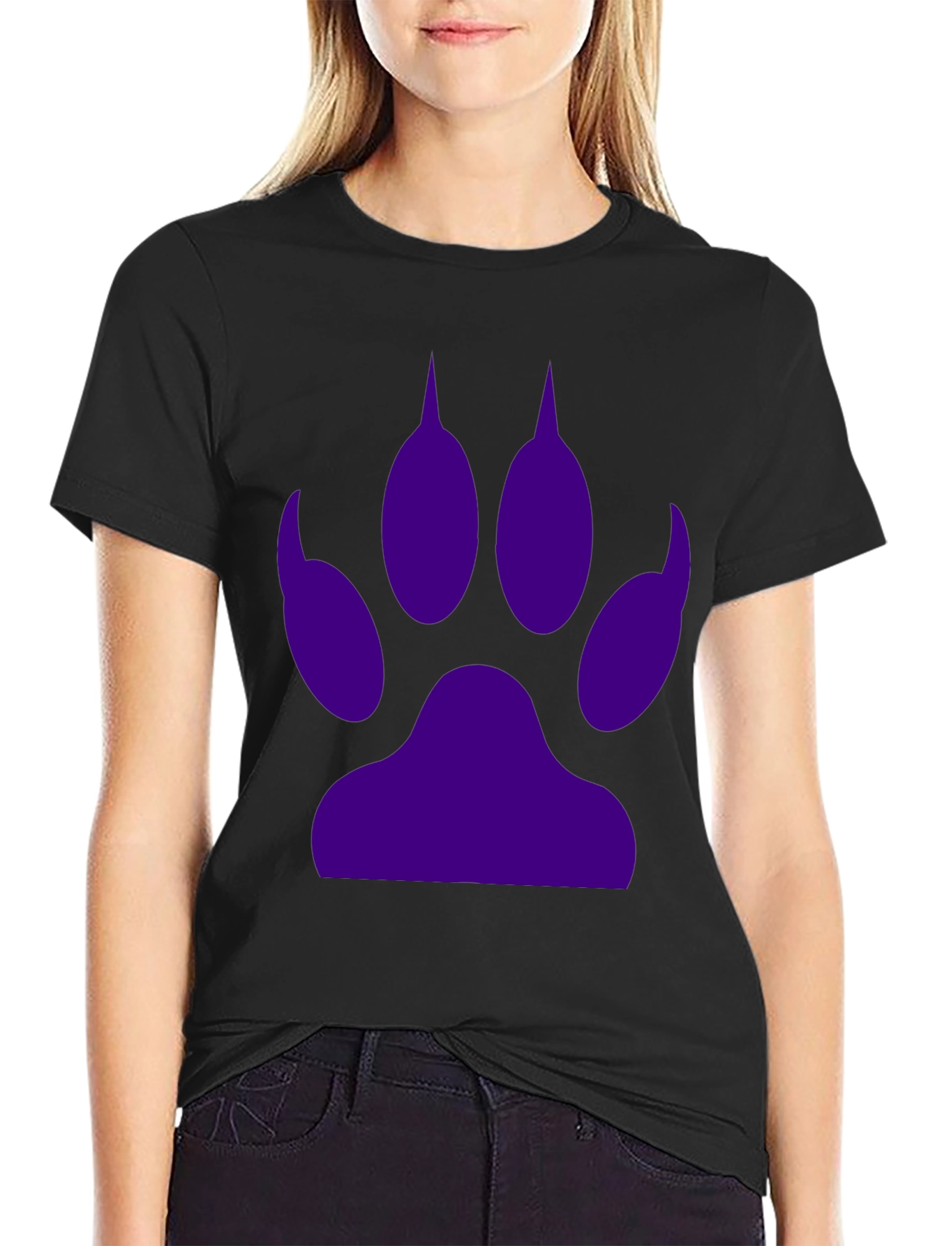 Black Tee with Purple Paw Print Graphic