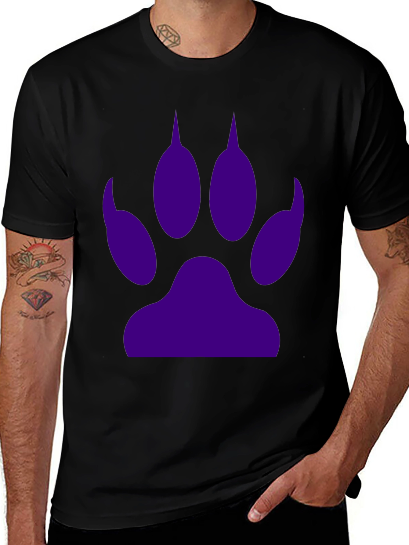 Black Tee with Purple Paw Print Graphic