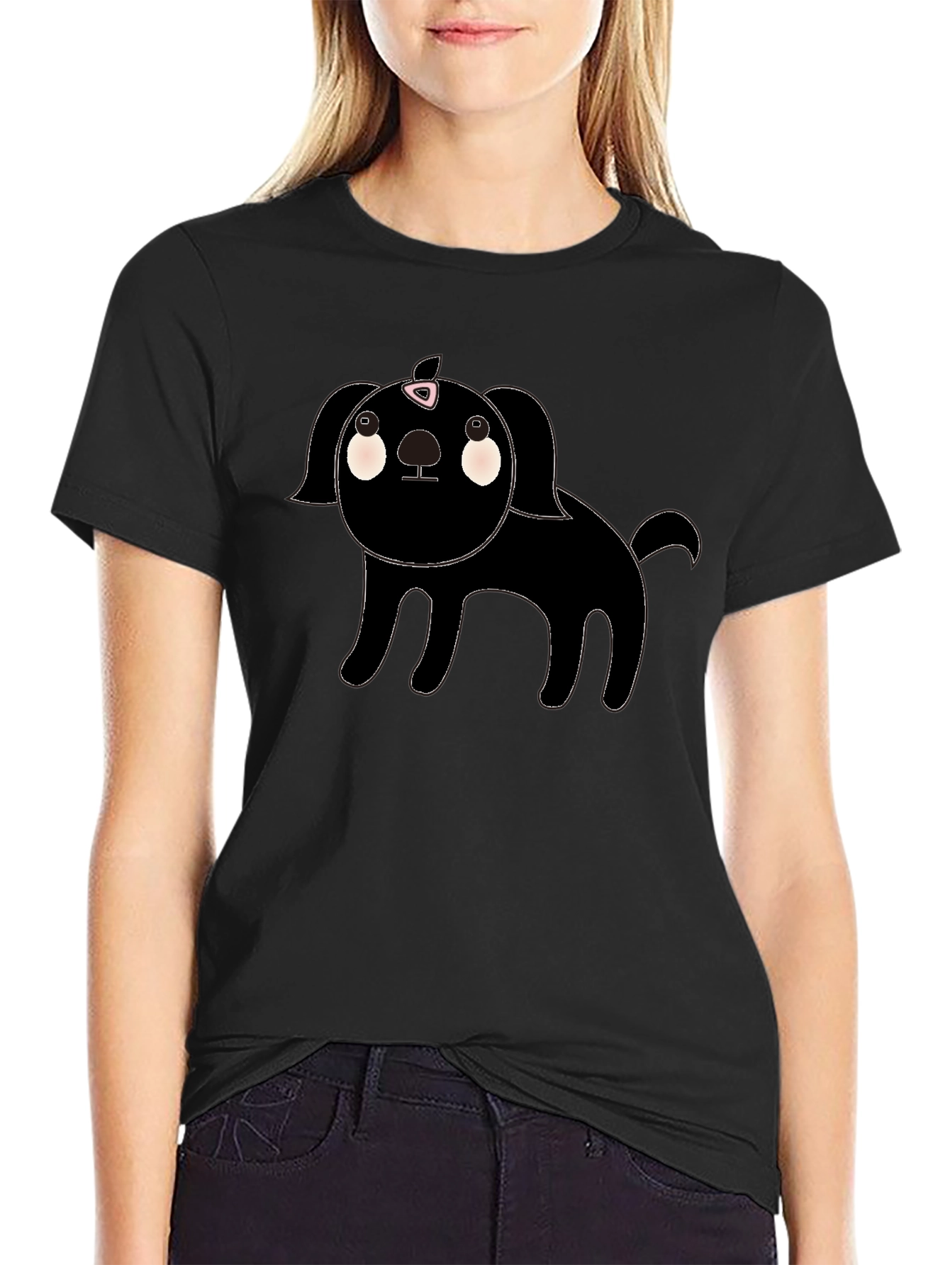 Cute Black Dog Cartoon Graphic T-Shirt