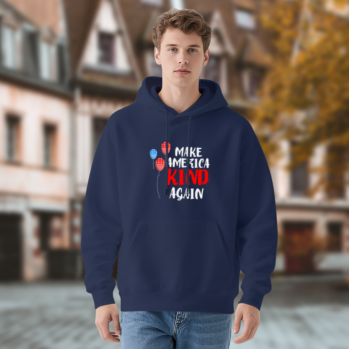 Make America Kind Again Flag Balloon Navy Hoodie, Warm Casual Unisex Top