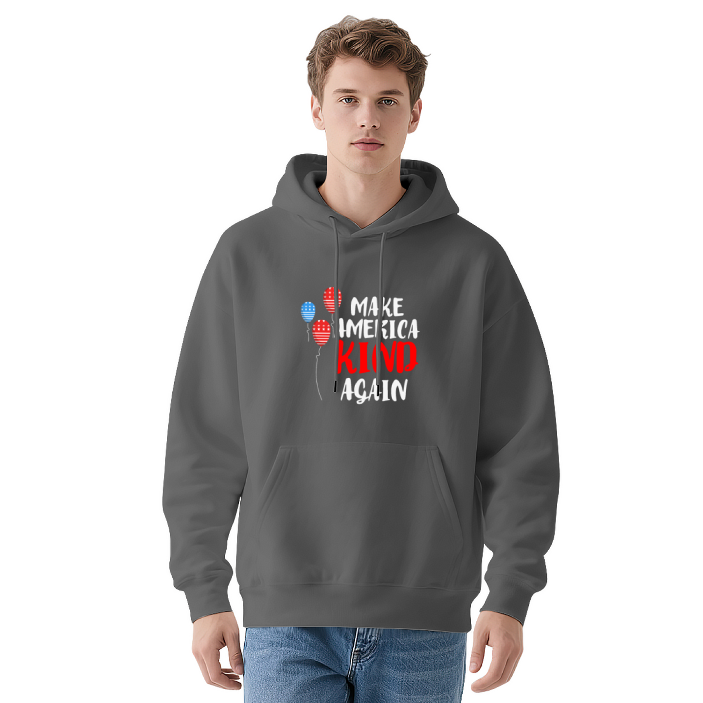 Make America Kind Again Flag Balloon Navy Hoodie, Warm Casual Unisex Top