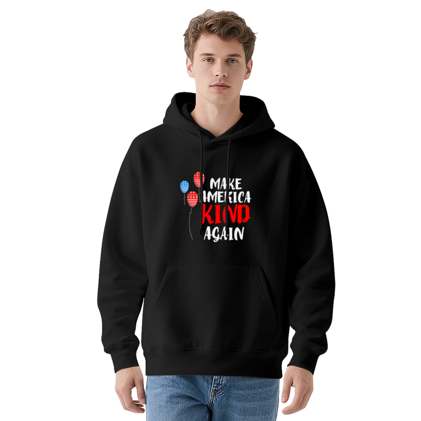 Make America Kind Again Flag Balloon Navy Hoodie, Warm Casual Unisex Top