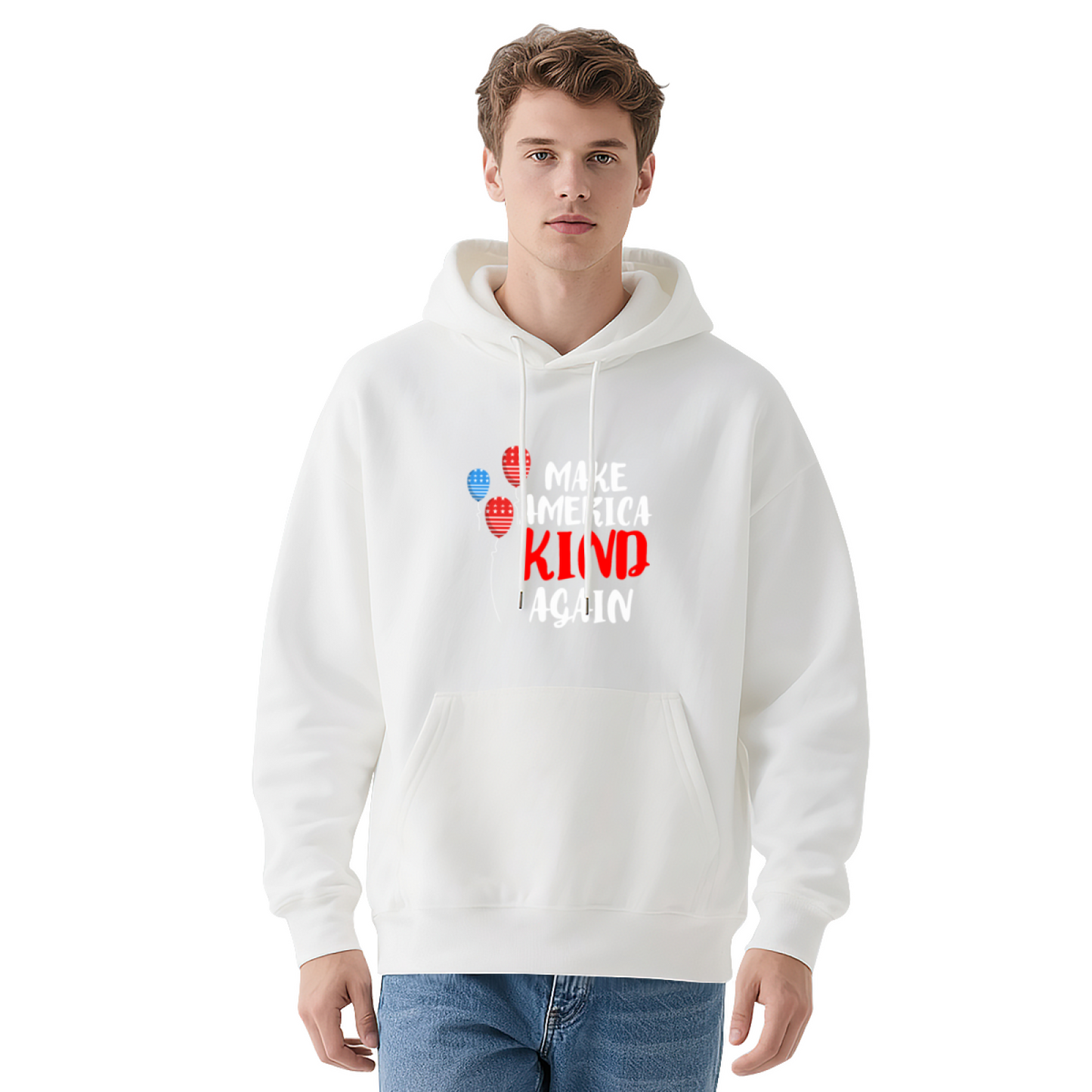 Make America Kind Again Flag Balloon Navy Hoodie, Warm Casual Unisex Top