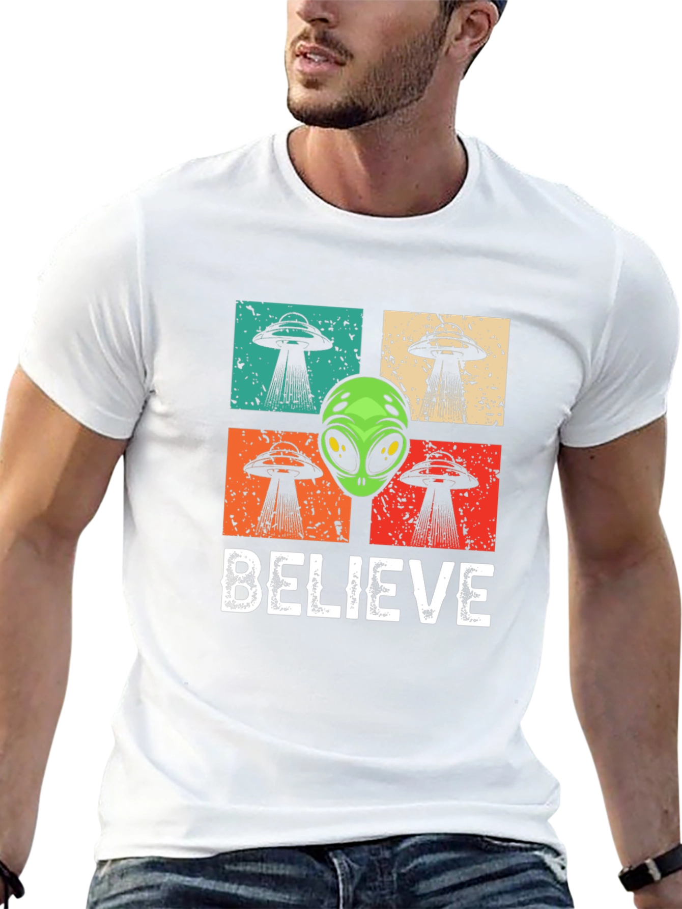 Believe Alien UFO Graphic T-Shirt - Retro Design