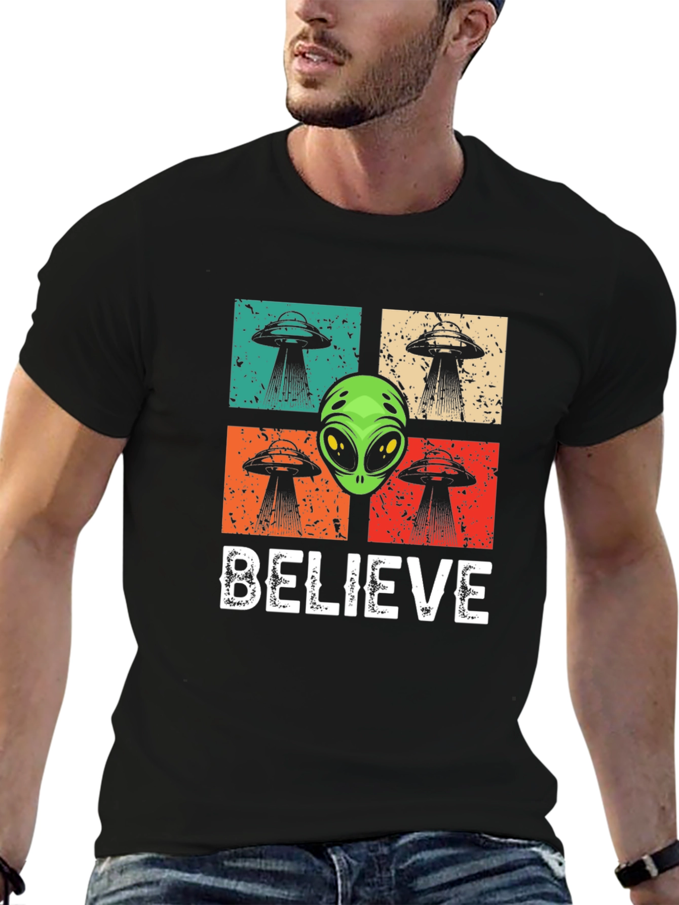 Believe Alien UFO Graphic T-Shirt - Retro Design