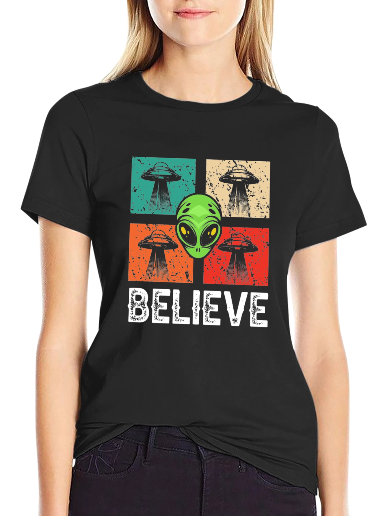Believe Alien UFO Graphic T-Shirt - Retro Design