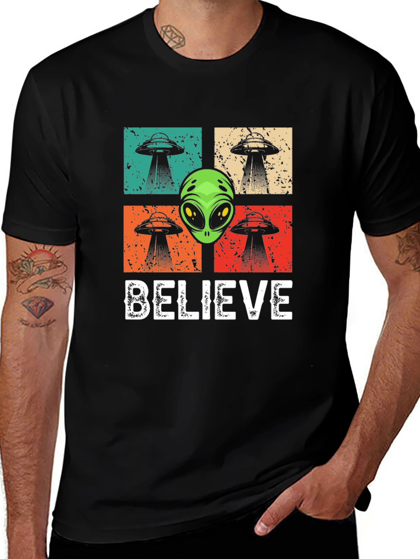 Believe Alien UFO Graphic T-Shirt - Retro Design