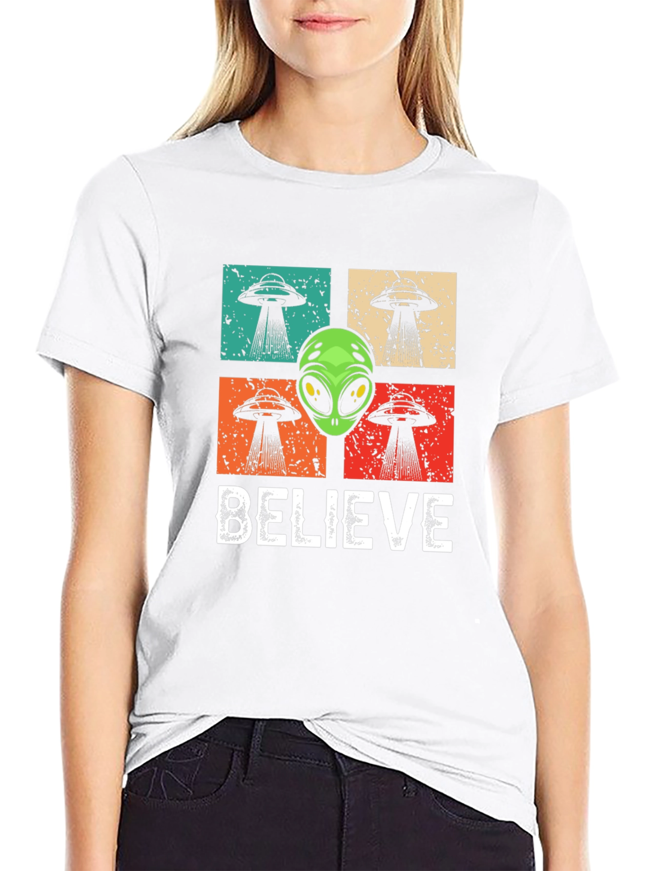 Believe Alien UFO Graphic T-Shirt - Retro Design