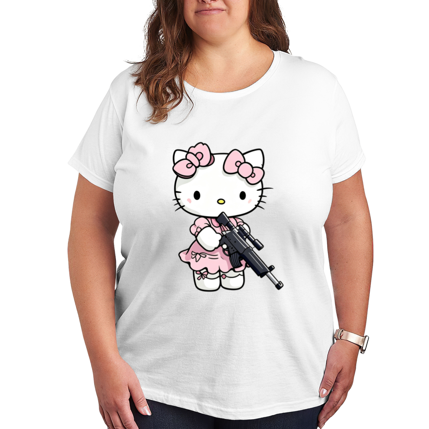 Cool Edgy Hello Kitty With Gun Art Plus?Size Women Statement T?shirt
