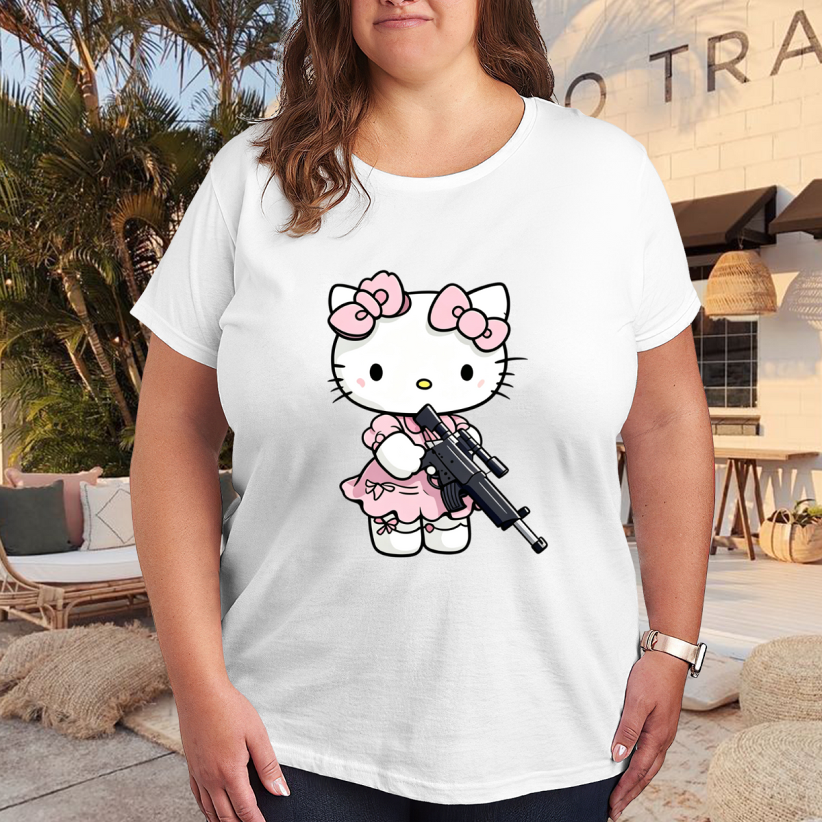Cool Edgy Hello Kitty With Gun Art Plus?Size Women Statement T?shirt