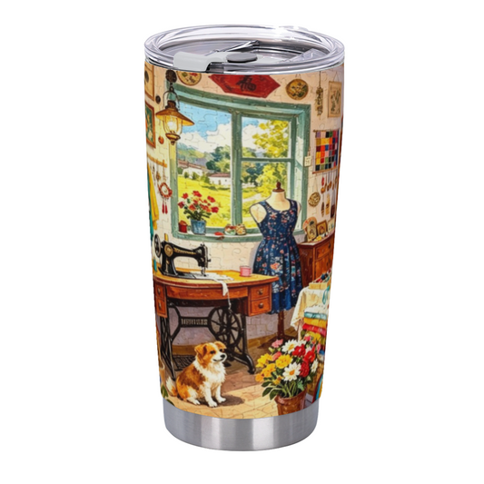 Antique Sewing Studio Window Small Dog Craft Lover Tumbler
