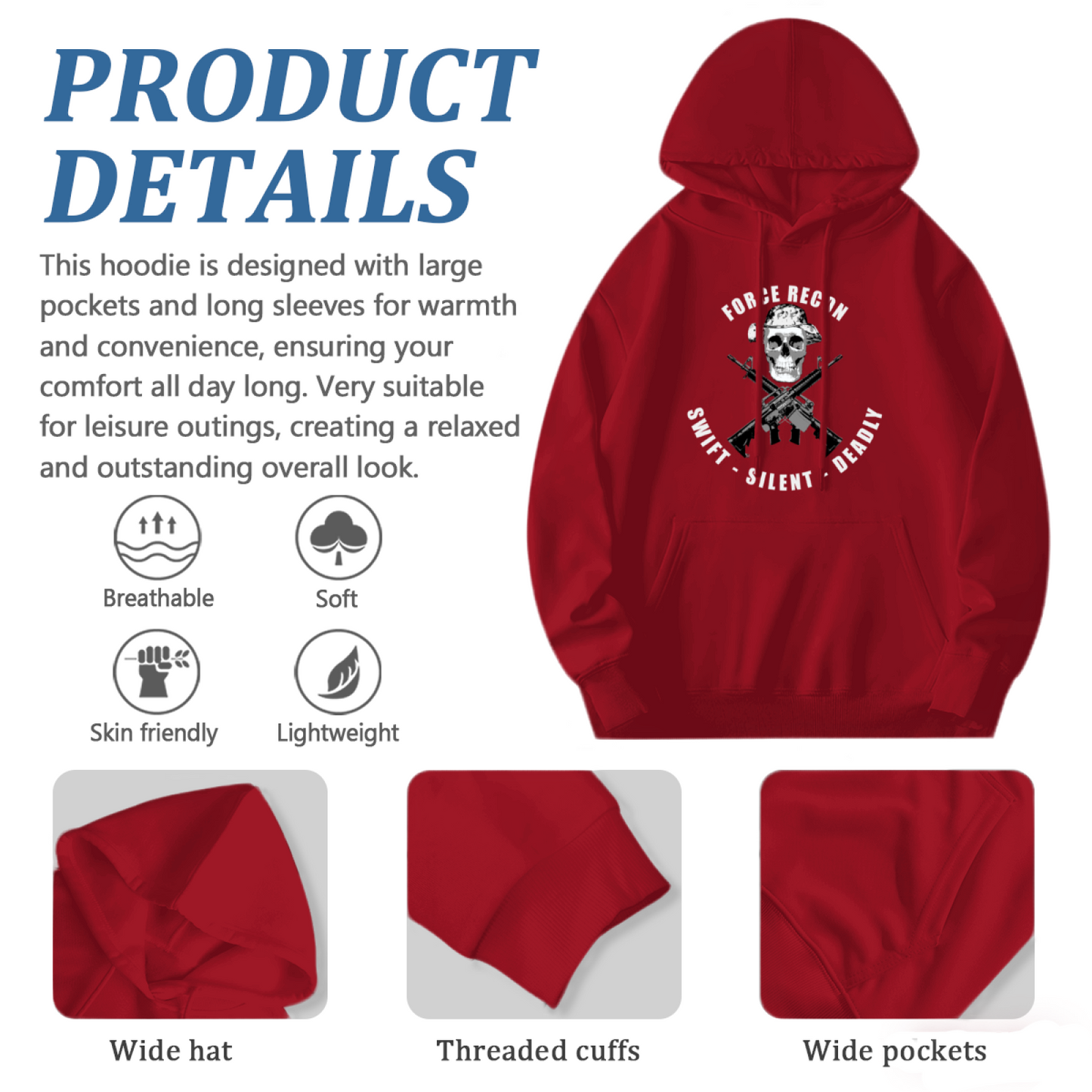 Force Recon Swift Silent Deadly Skull Rifle Red Hoodie, Warm Military Style For Men