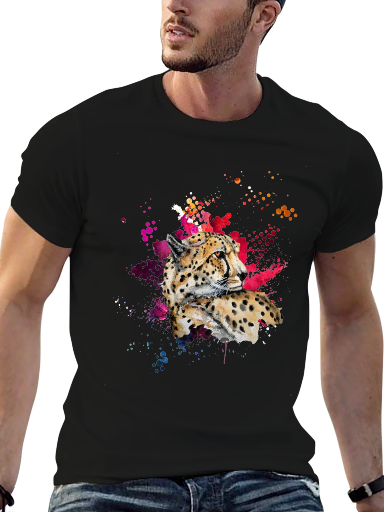 Cheetah Splash Print Black T-Shirt