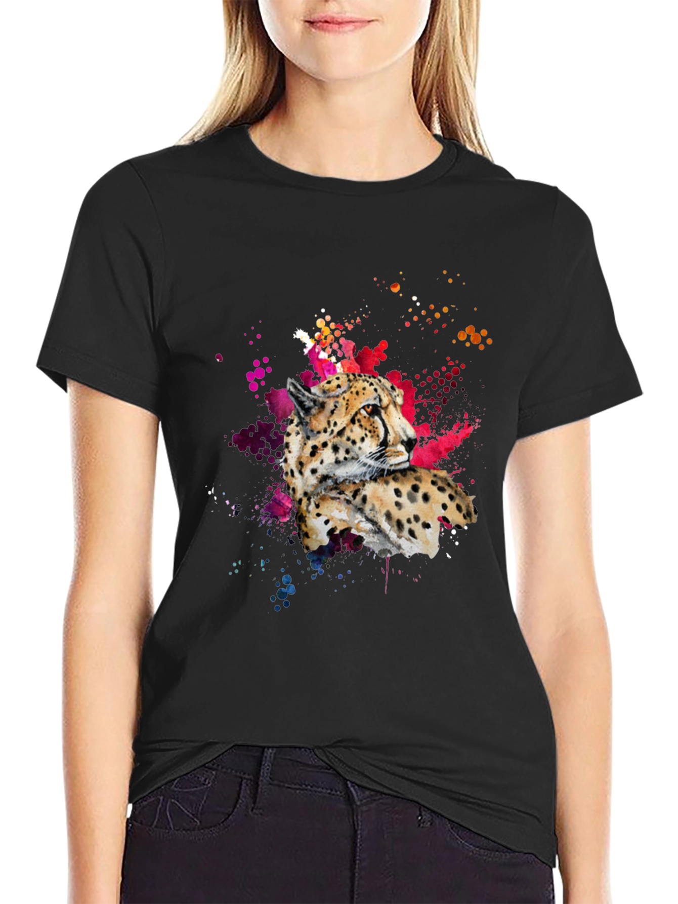 Cheetah Splash Print Black T-Shirt
