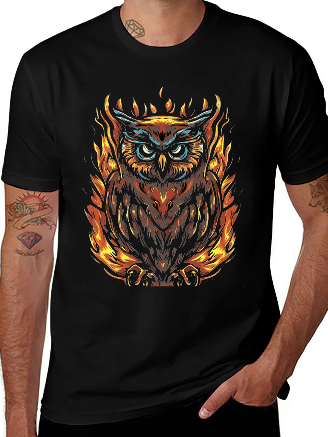 Fiery Owl Graphic Tee - Mens Black T-Shirt