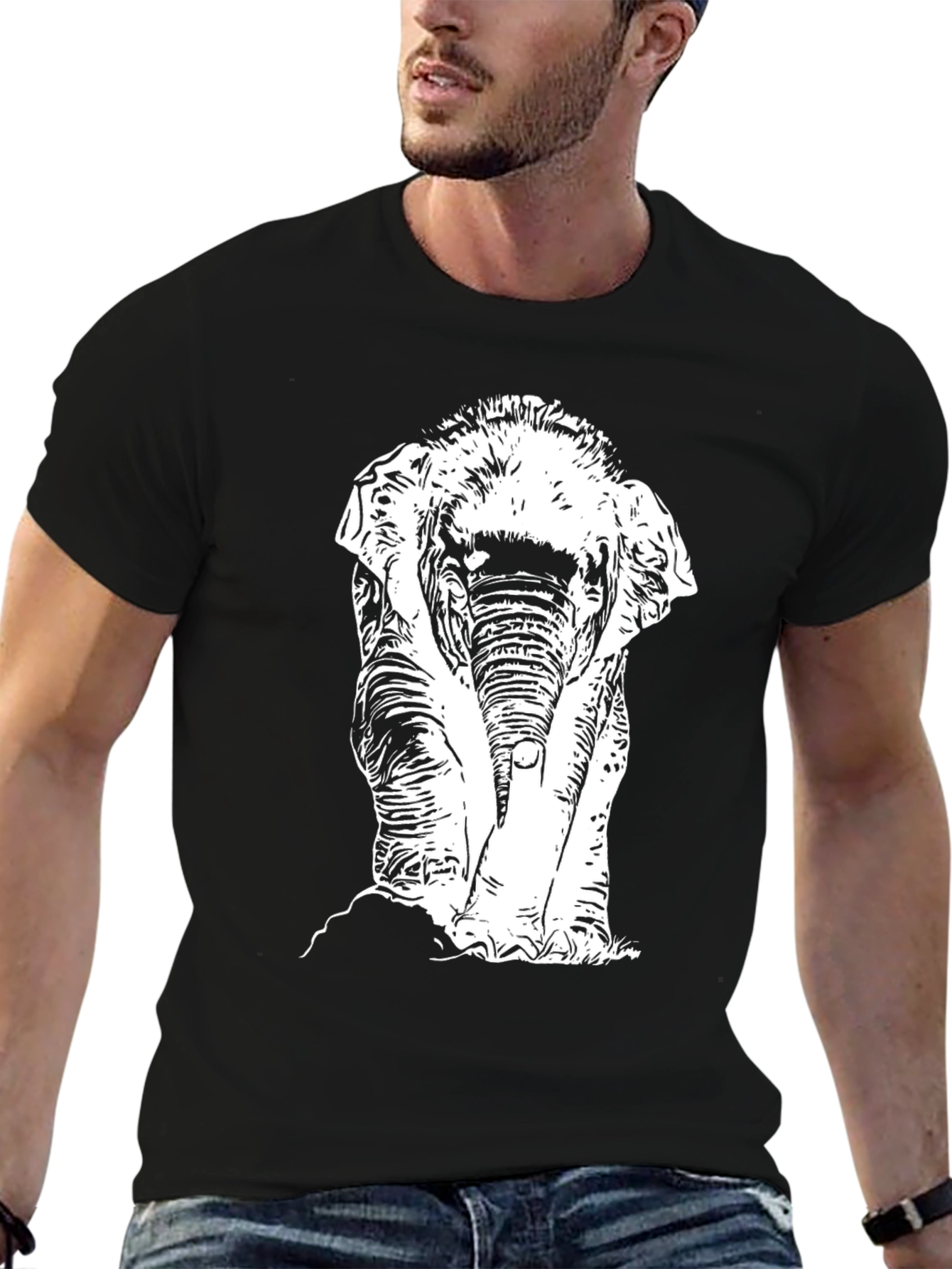 Black T-Shirt with White Elephant Print