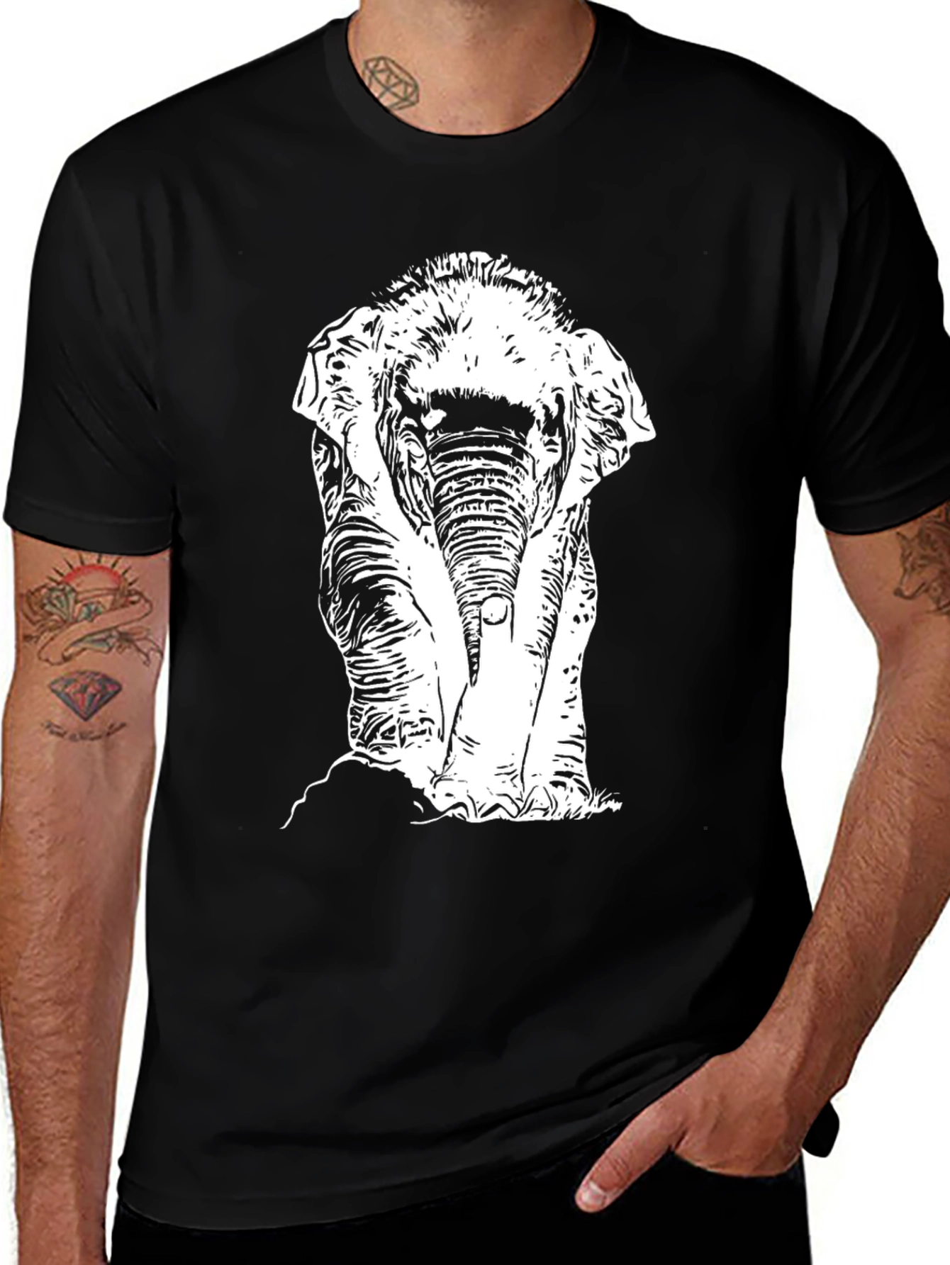 Black T-Shirt with White Elephant Print