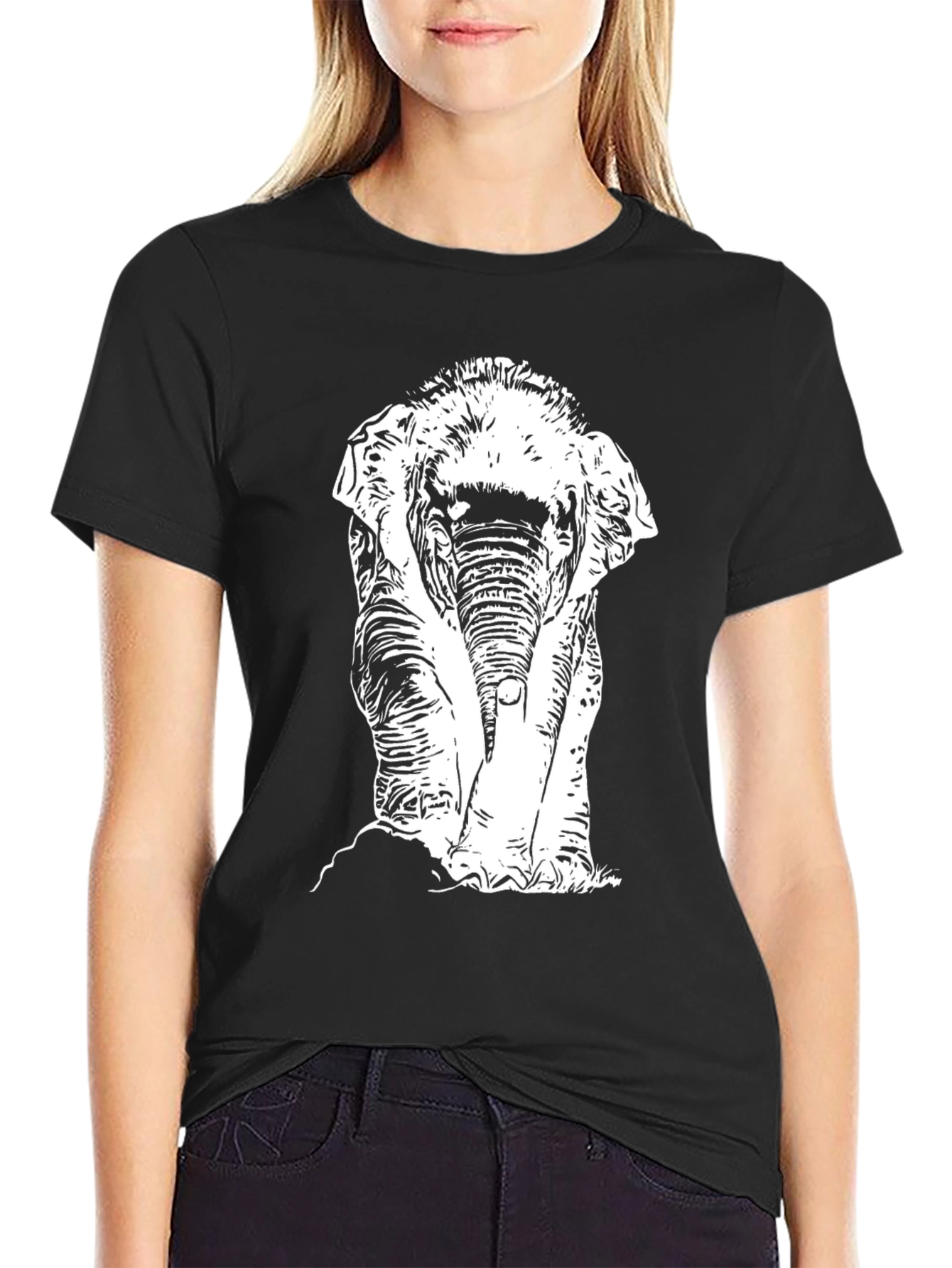 Black T-Shirt with White Elephant Print