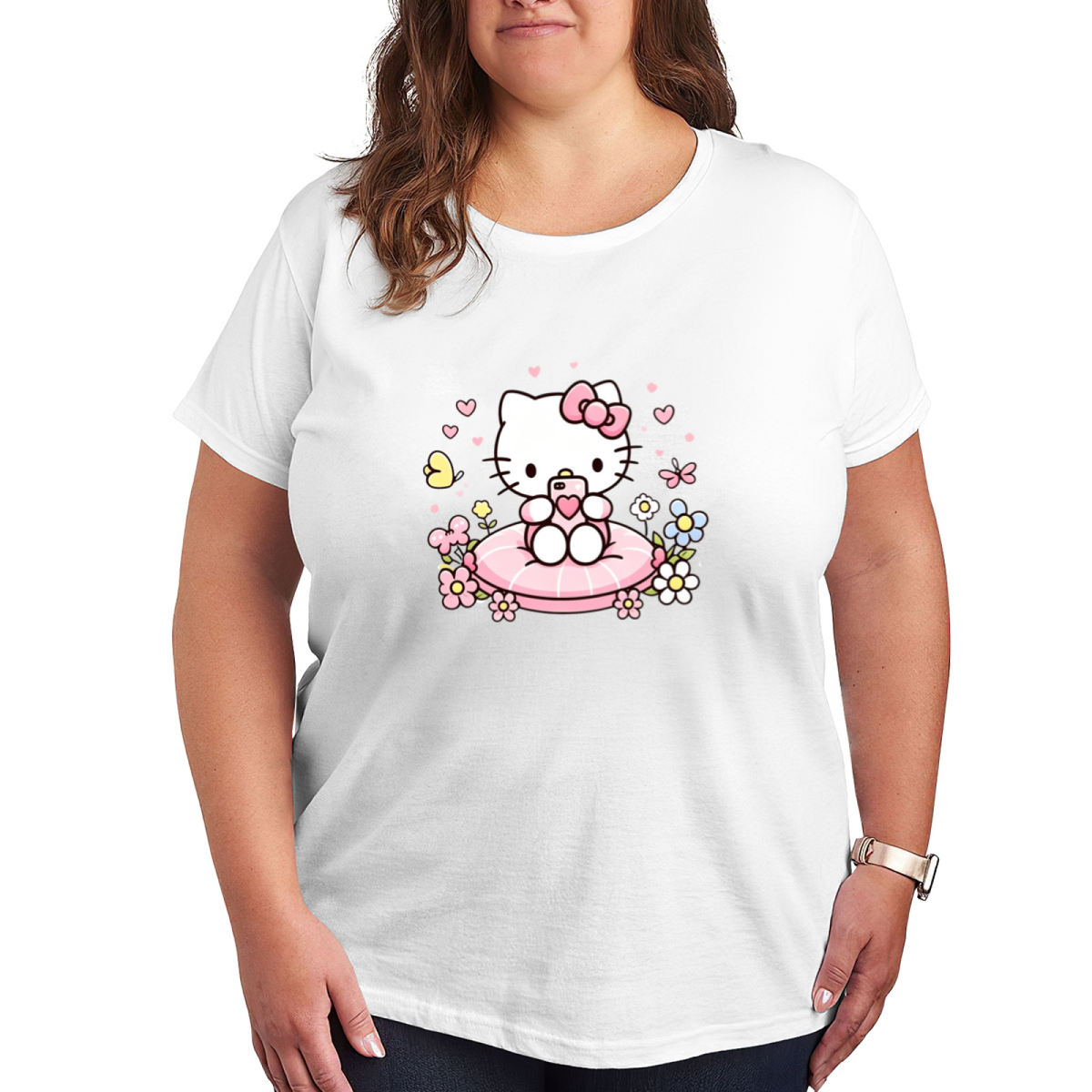 Dreamy Floral Selfie Hello Kitty Art Plus?Size Women White T?shirt