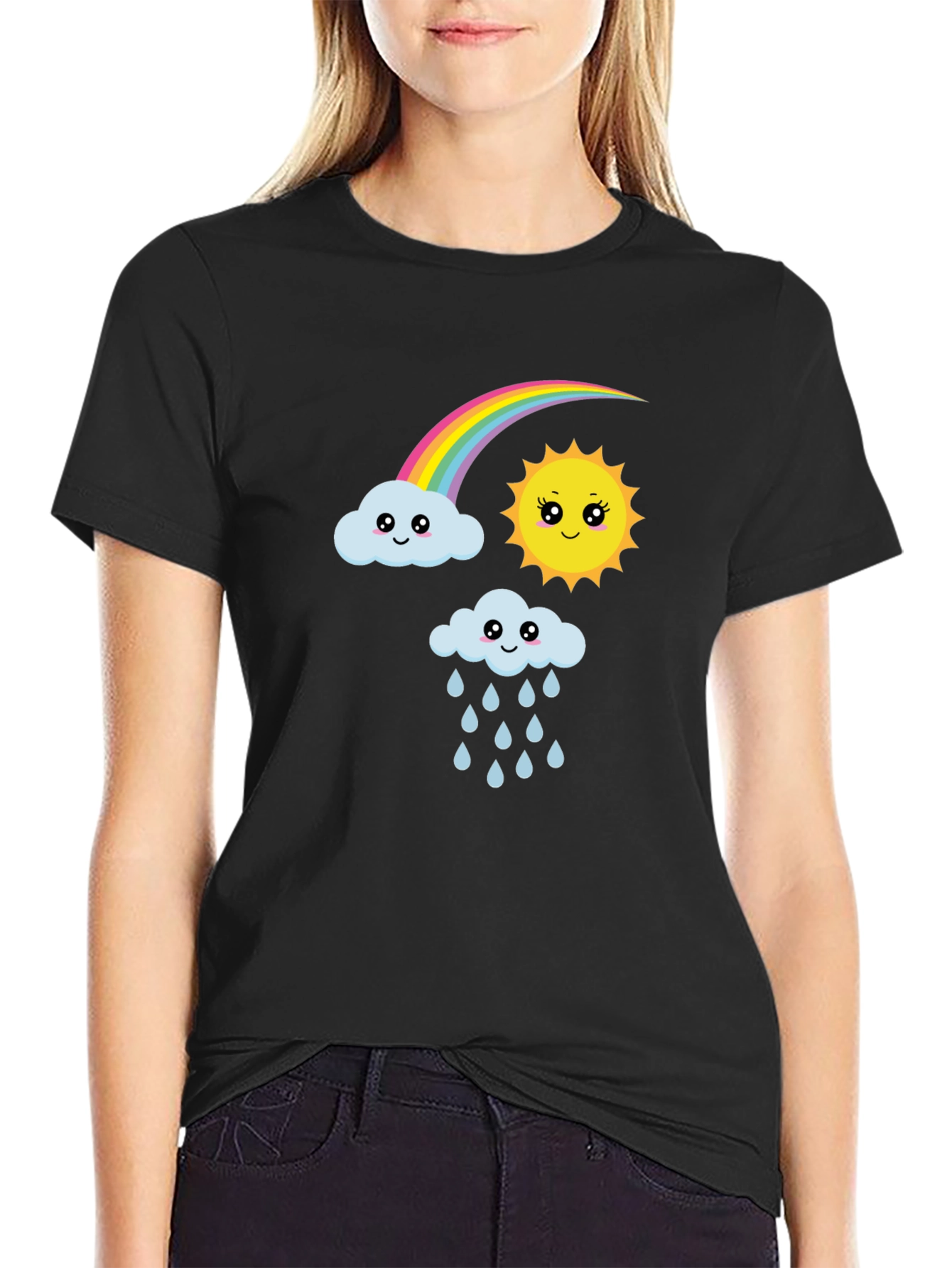 Cute Cartoon Weather Graphic Black T-Shirt