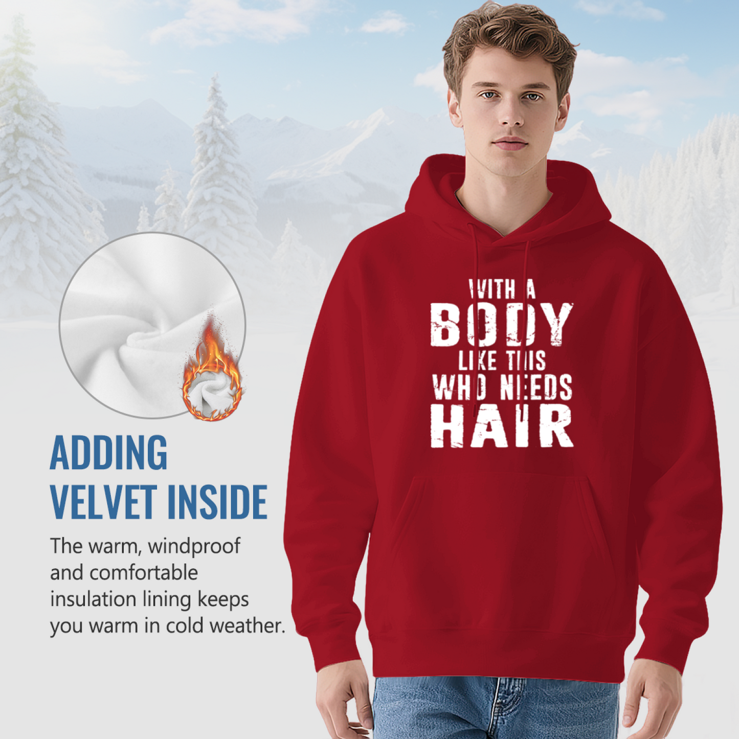 Funny Bald Guy Body Quote Red Hoodie, Men Humor Relaxed Warm Sweatshirt