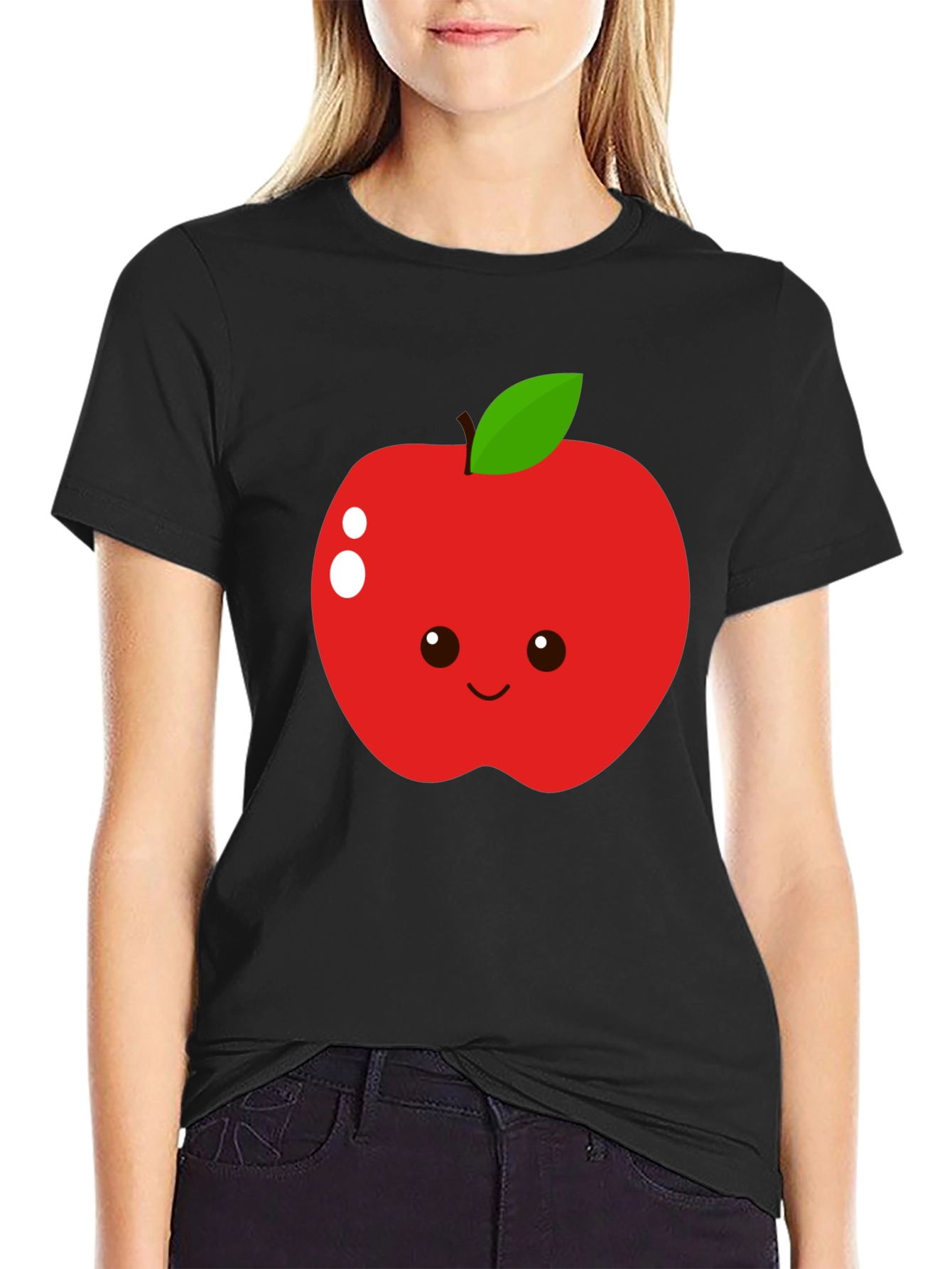 Cute Apple Graphic T-Shirt - Black Cotton Blend Tee