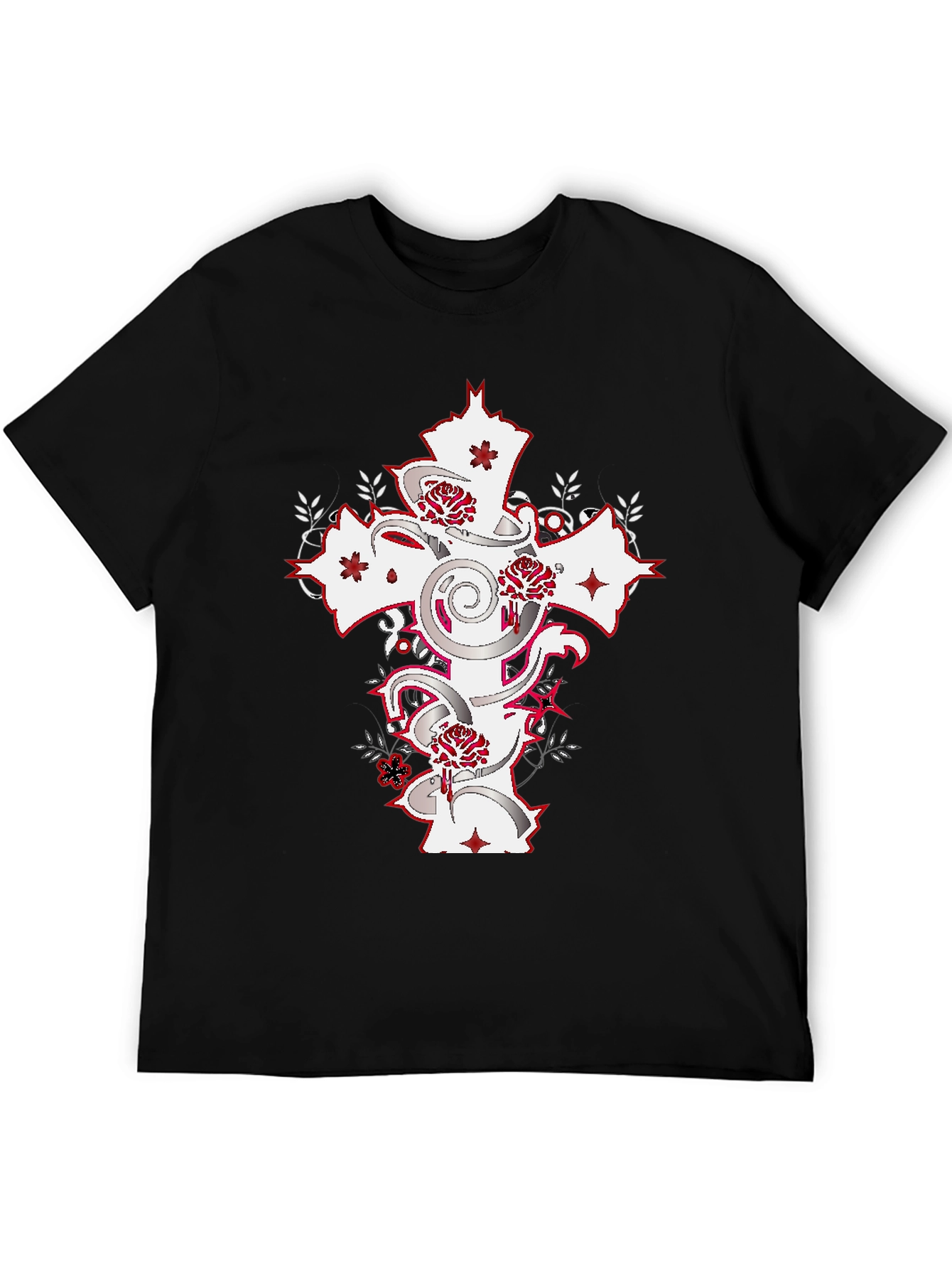 Black T-Shirt with Cross & Roses Graphic