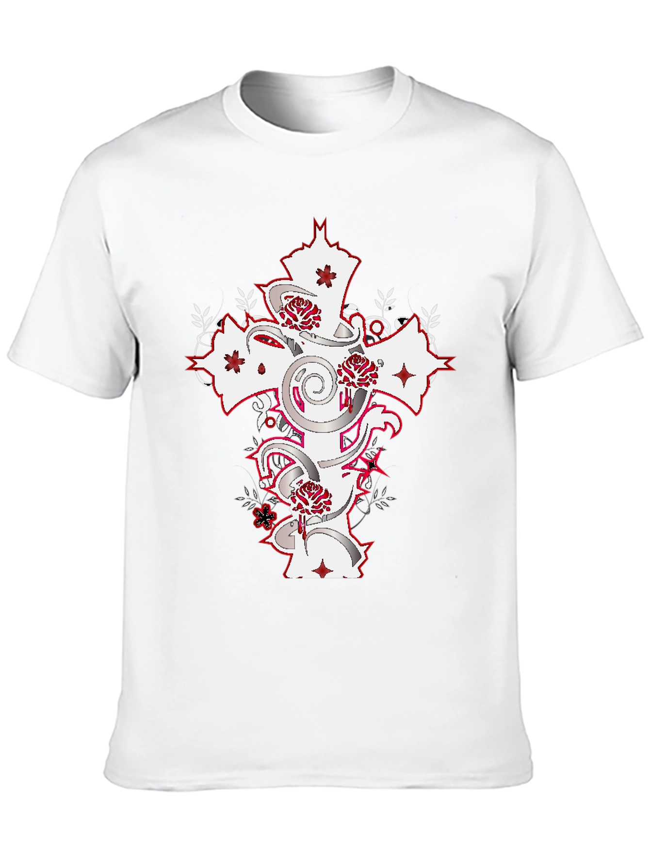 Black T-Shirt with Cross & Roses Graphic