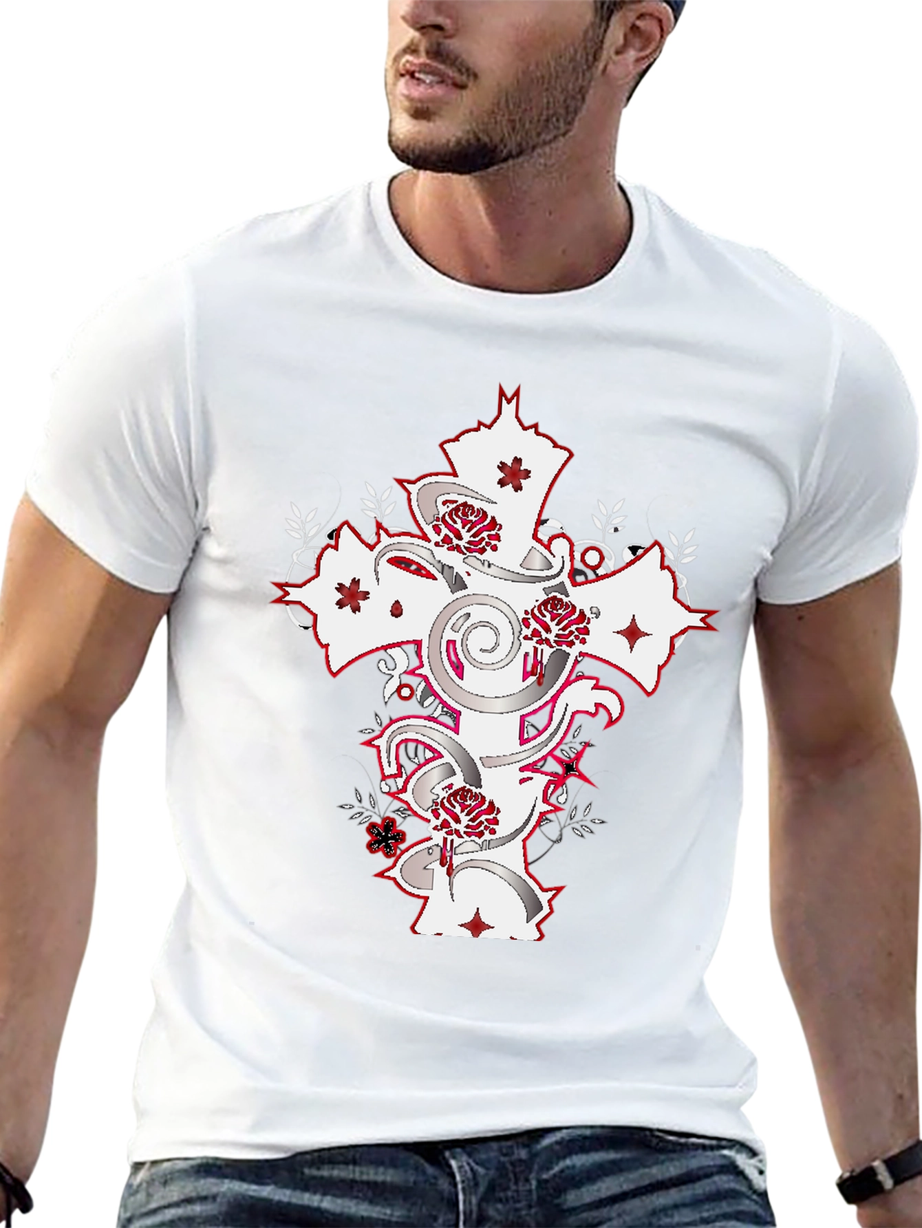 Black T-Shirt with Cross & Roses Graphic