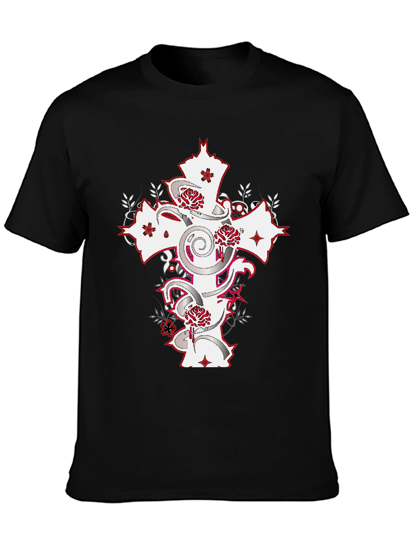 Black T-Shirt with Cross & Roses Graphic
