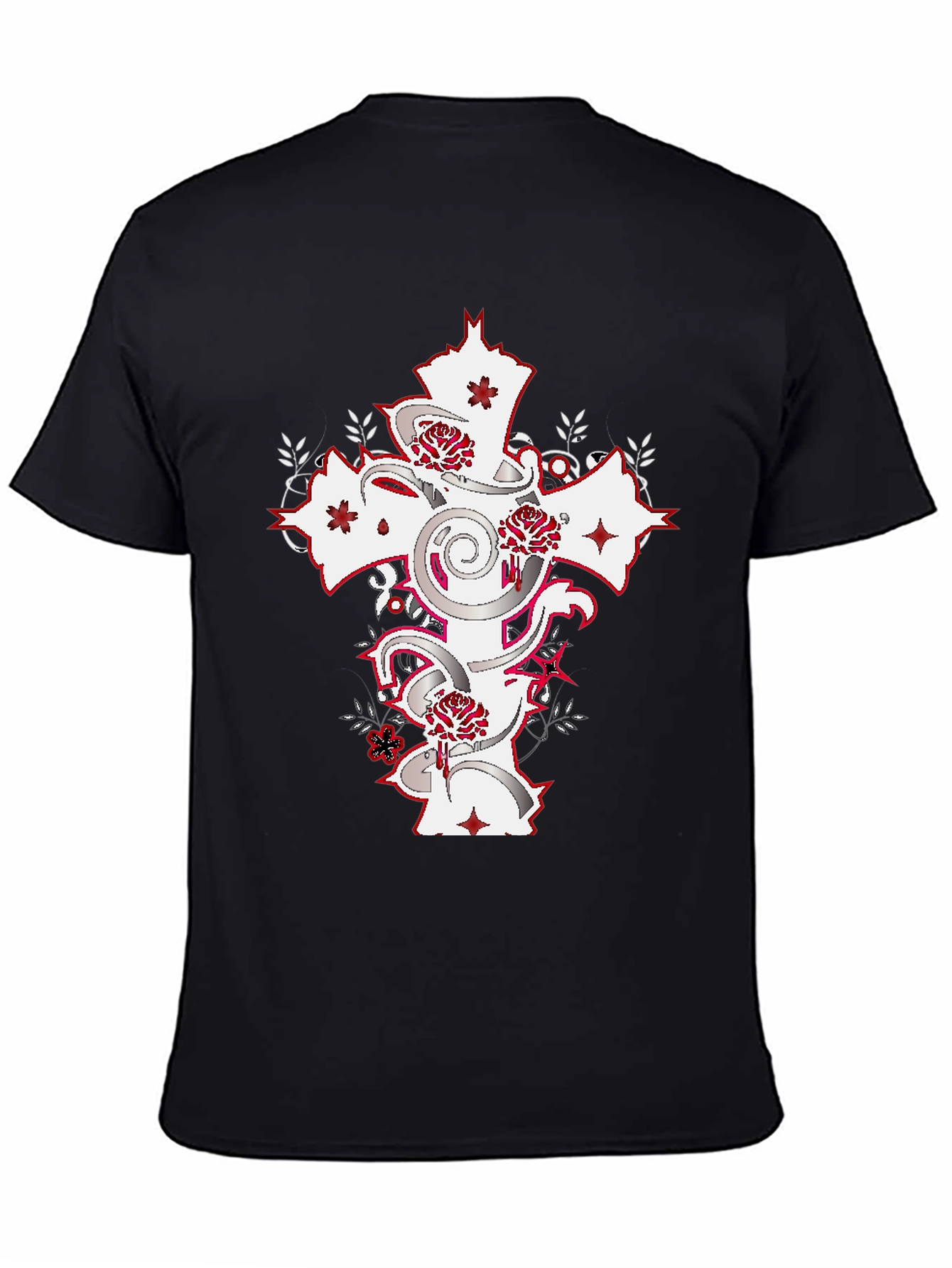 Black T-Shirt with Cross & Roses Graphic