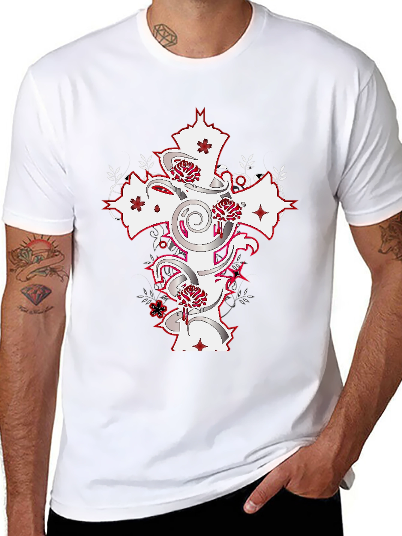 Black T-Shirt with Cross & Roses Graphic
