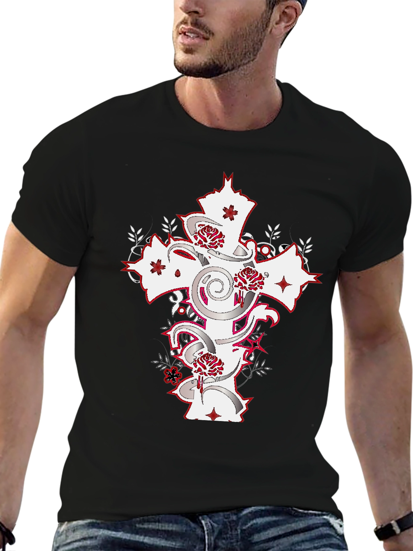 Black T-Shirt with Cross & Roses Graphic