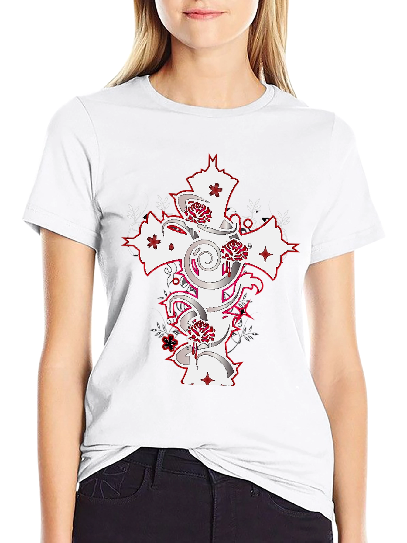 Black T-Shirt with Cross & Roses Graphic