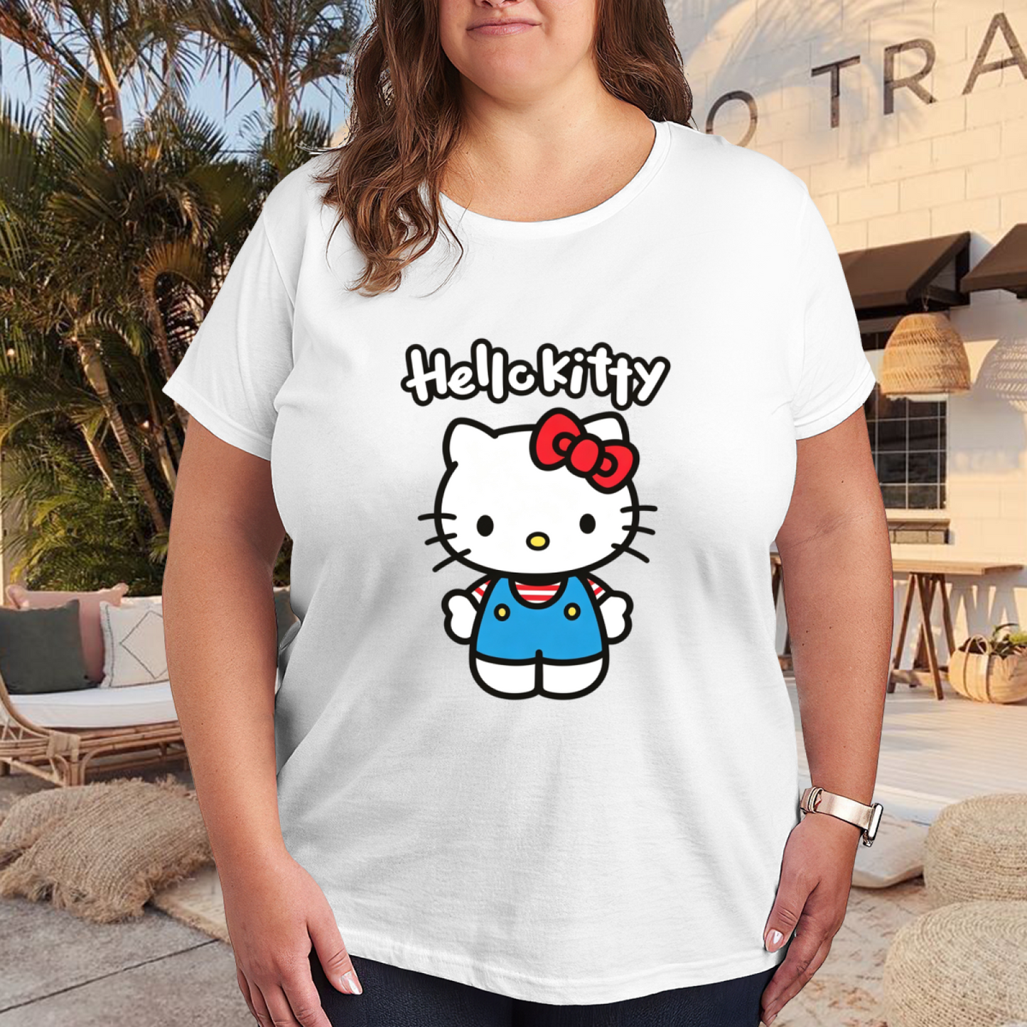 Classic Hello Kitty Cute Cartoon Plus?Size White Tee