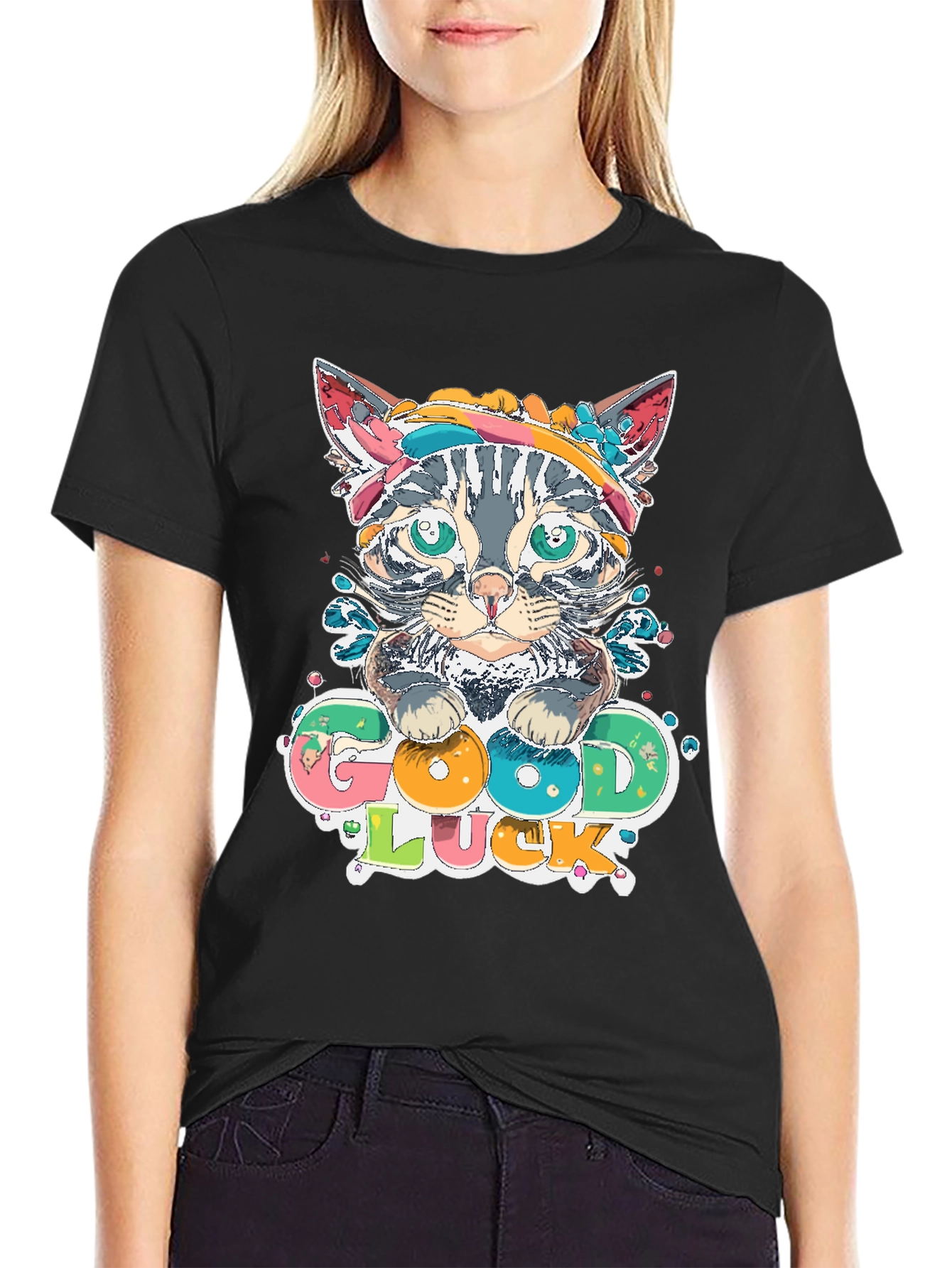 Good Luck Kitten Graphic Tee - Mens Black T-Shirt