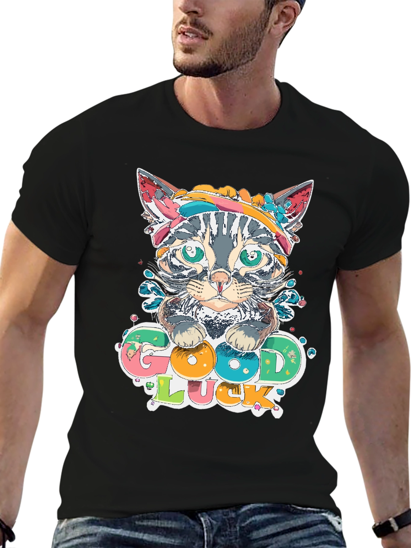 Good Luck Kitten Graphic Tee - Mens Black T-Shirt